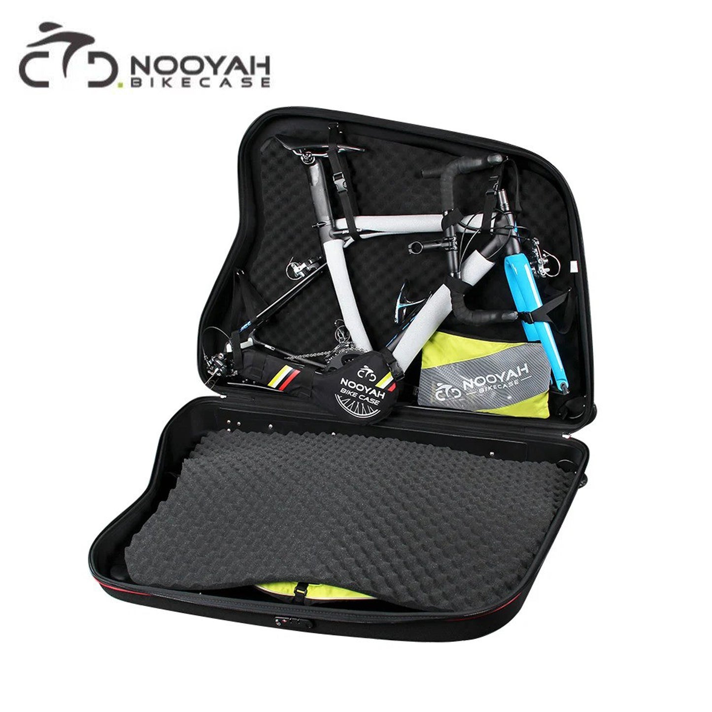 Nooyah BK002 ABS EVA POD Bicycle Travel Hard Case w/ Wheels - Black/Blue with Yellow Straps